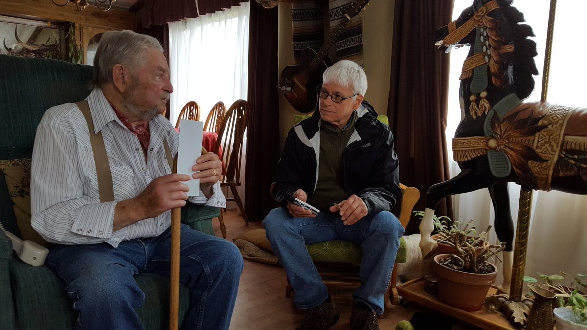 oregonfolklife's tweet photo. Douglas Manger with Dale Burgess, master #talltalesteller #saddlemaker #woodcarver @FolkloreThurs #whatfolkloristsdo https://t.co/peDkmDfTsX