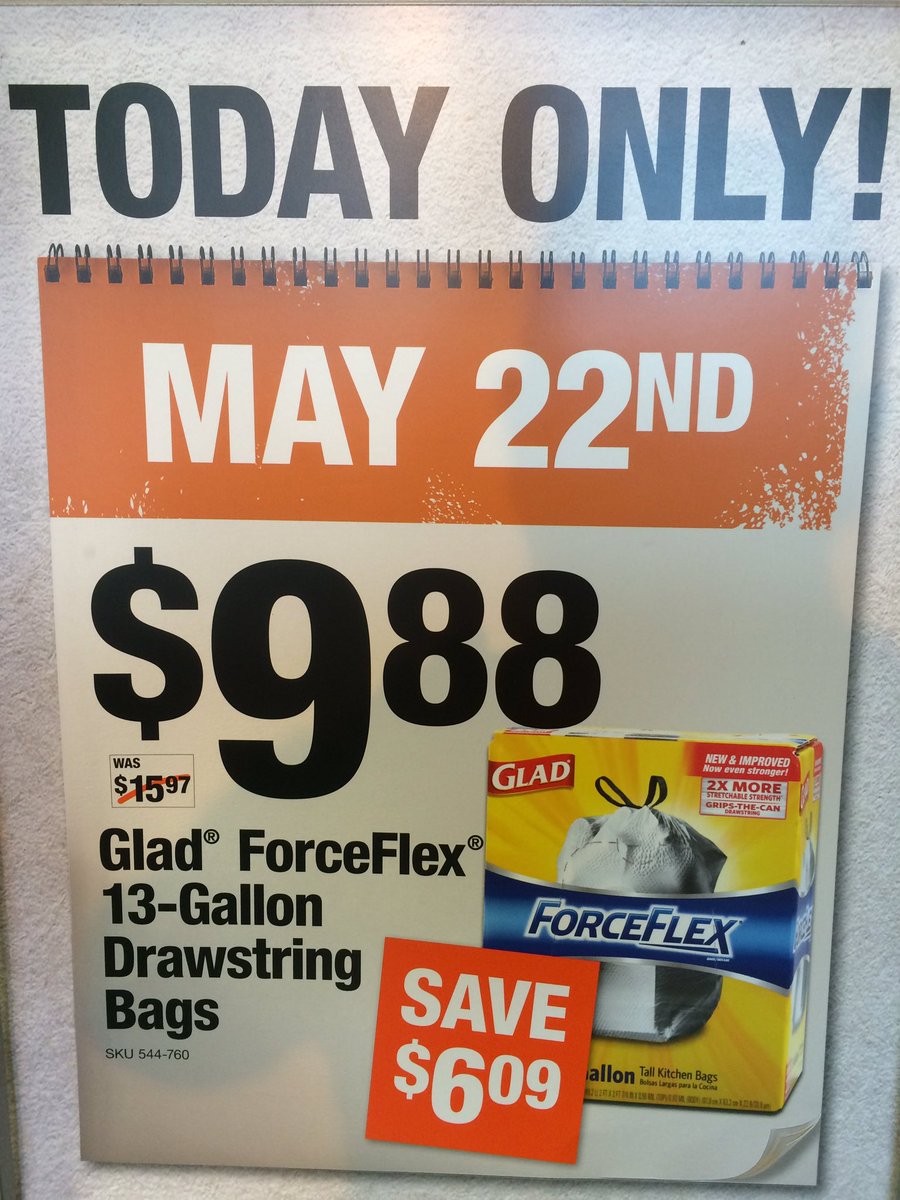 HomeDepot2565's tweet photo. 12 Days of Savings continues today with this special buy on Glad #ForceFlex 13Gal trash bags. #MemorialDaySavings https://t.co/FPK3WpholV
