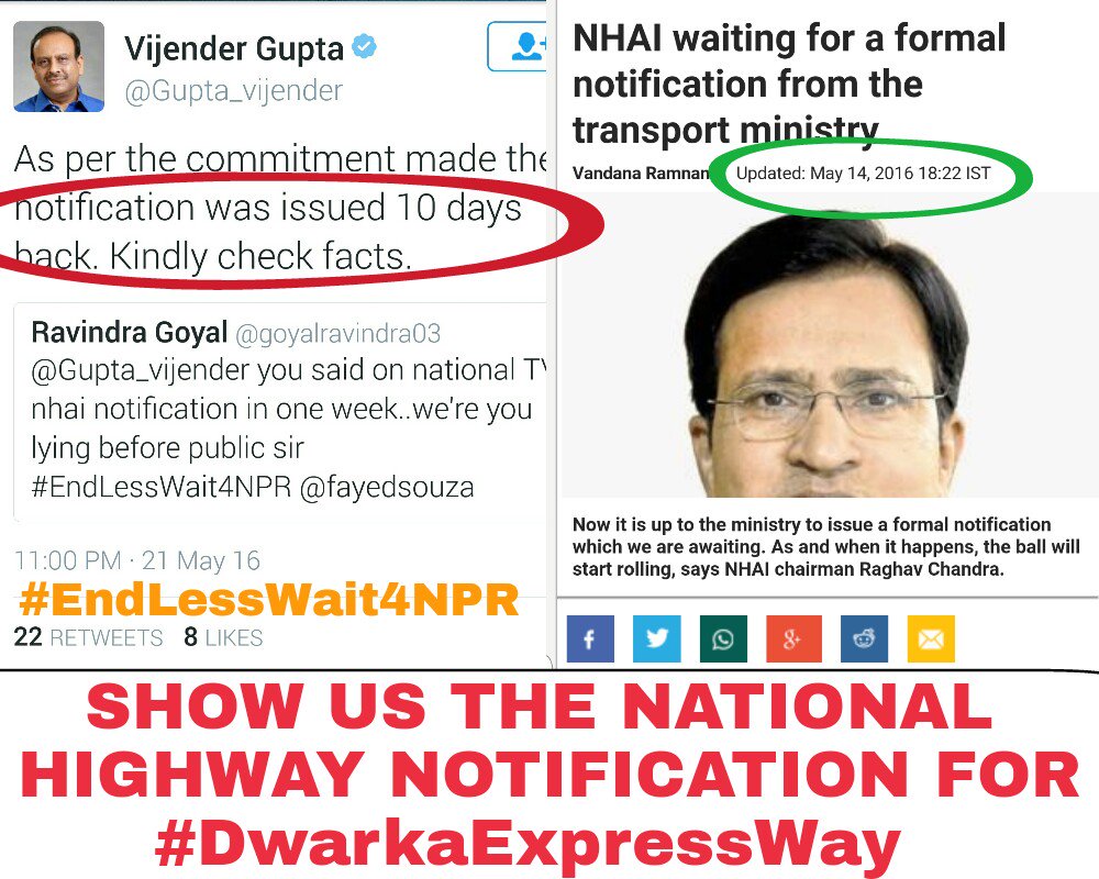 No more fooling! Show proof <a href="/Gupta_vijender/">Vijender Gupta</a> <a href="/mlkhattar/">Manohar Lal</a> <a href="/nitin_gadkari/">Nitin Gadkari</a> #DwarkaExpressway #EndLessWait4NPR <a href="/fayedsouza/">Faye DSouza</a>