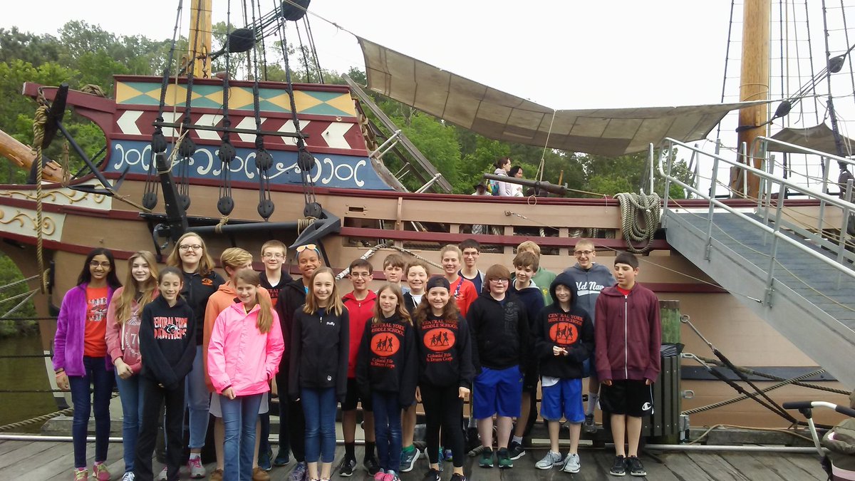Some of our Fifes and drums in front of the Susan Constant in Jamestown  @historyisfunorg