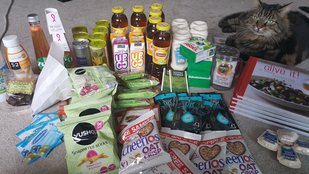 TheClareyP's tweet photo. A Massive freebie Haul after 2days at the @BBCGoodFoodShow #GFSSITC .. minus the Cat #MayoOverload https://t.co/6zL49AFNYz