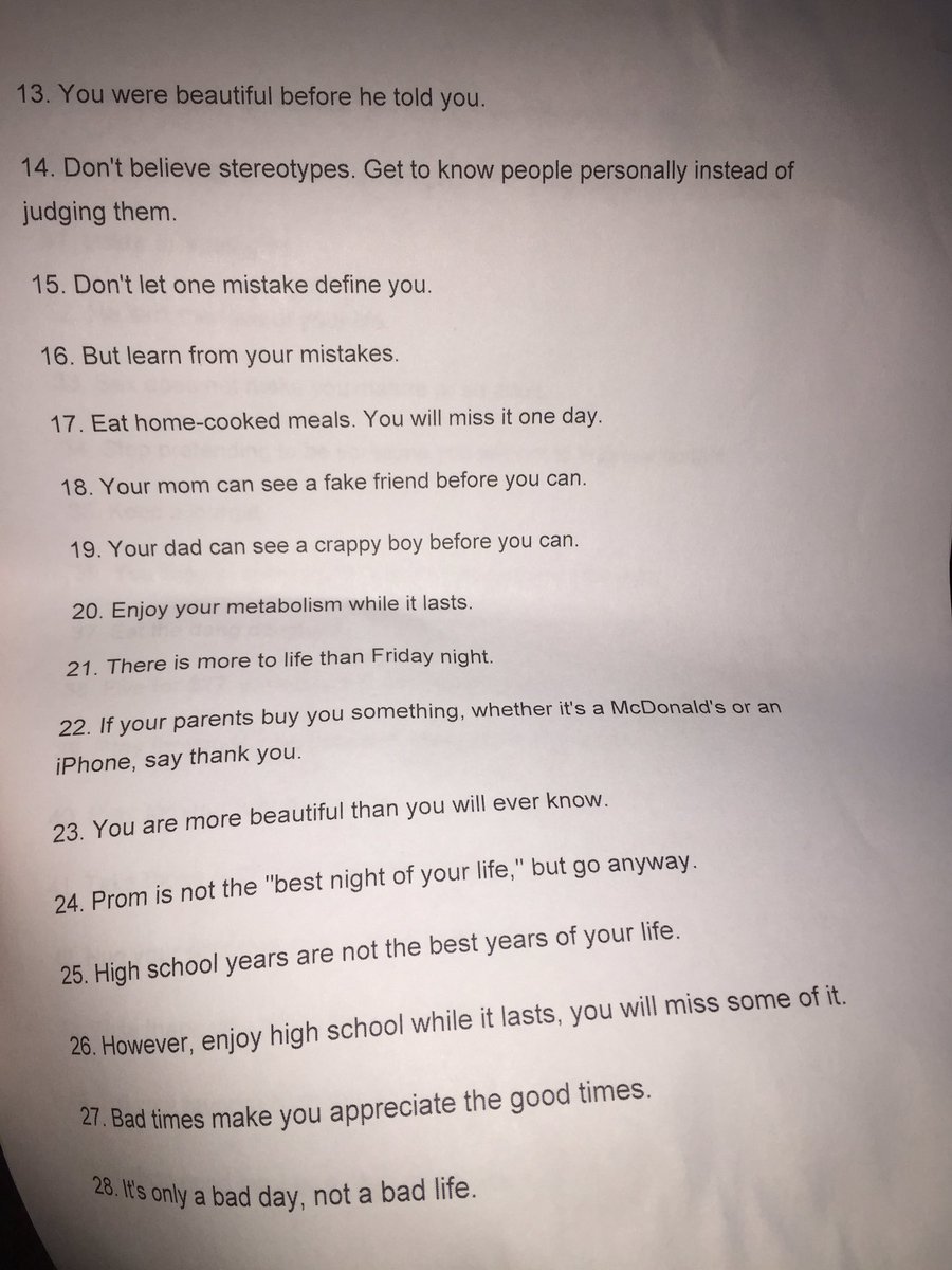 LesleyRandall15's tweet photo. my mom printed this out for me &amp; every girl in high school should read this, srsly!! https://t.co/nCICpwZHcn