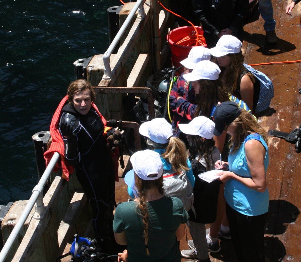 Dr. Sylvia Earle took a break after a #dive to talk to Ojai Valley School #students part of #NEEF #Handsontheland