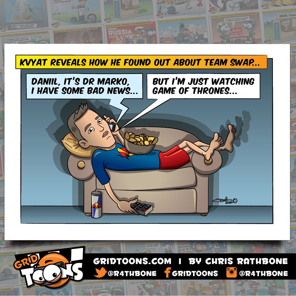 R4THBONE's tweet photo. Next weeks #GridToons features @danydk1 being told about his swap from @redbullracing to @officialtororosso... #F1 https://t.co/R1yVg0mvFi