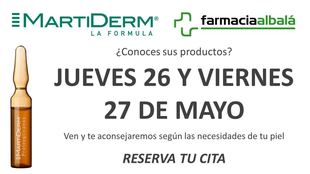 albalafarmacia's tweet photo. Los días 26 y 27 de mayo te descubrimos que necesita tu piel con @MartiDerm. Empieza a cuidarte como te mereces https://t.co/yceARRPGOd