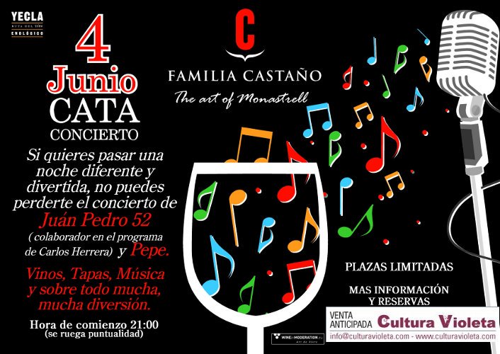 CulturaVioleta's tweet photo. @AytoMurcia #CataMusical en @BodegasCastano 4-Junio. #Eventazo Adquiere tus entradas en https://t.co/vO9bpAJFbr https://t.co/1V55LxjGv3