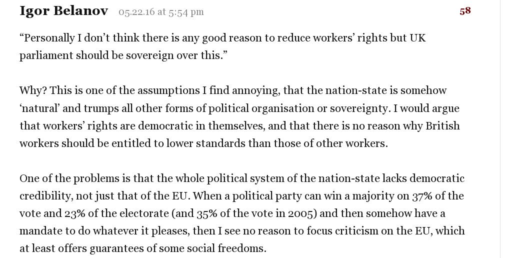 SashaClarkson's tweet photo. Interesting discussion on Left attitudes to #EUref on #CrookedTimber.
Here's my top comment
https://t.co/alqHpri4fH https://t.co/DjpwWuJFfn