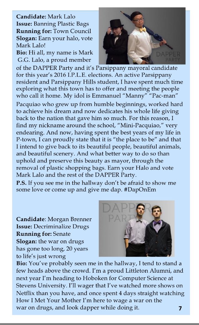 Dapper_Party's tweet photo. Check out the DAPPER Party's bios in the latest issue of The Voyager to learn more about our candidates! https://t.co/HMpo2ZGONy