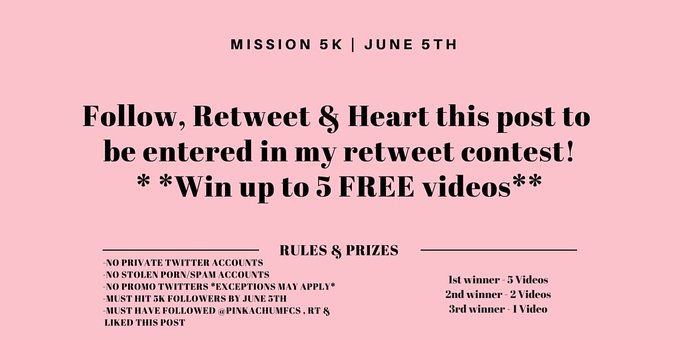 >>Mission 5K<<
Want to win 5 FREE videos from @PinkachuMFCs (https://t.co/B07rJDWn7e)?

#Follow, #RT