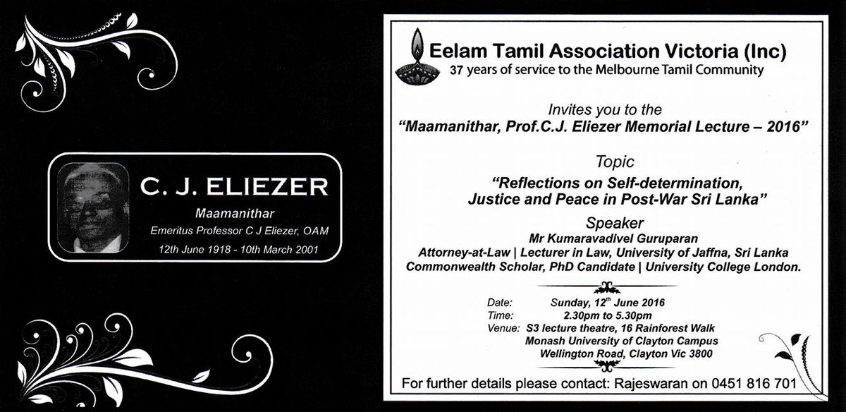 TamilAustralian's tweet photo. Leading Law Expert @rkguruparan to deliver Prof CJ Eliezer Memorial Lecture in Aus @austamilcongres @MASumanthiran https://t.co/bbfWARcP1q