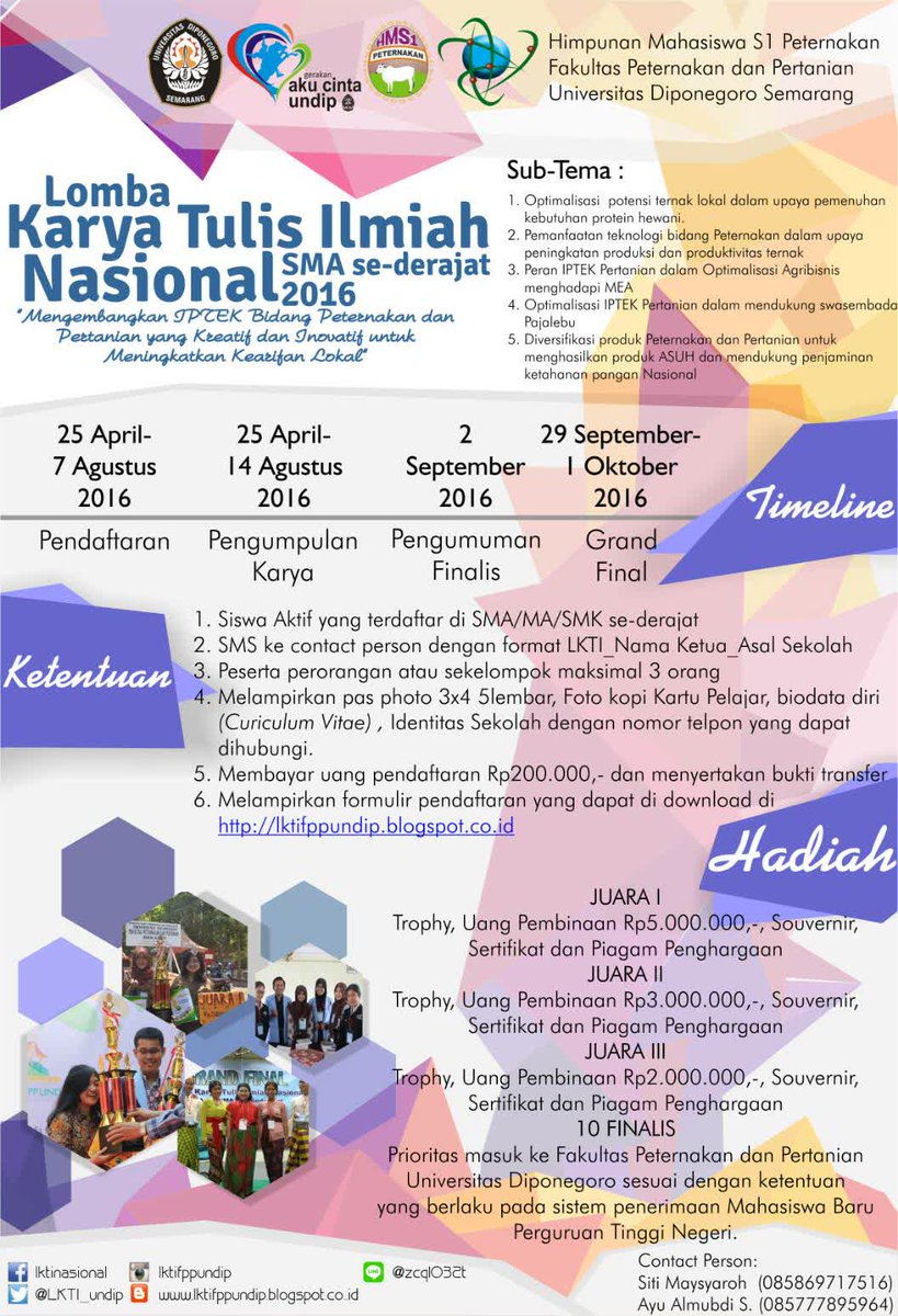LKTI_undip's tweet photo. LKTI National SMA sederajat 2016
📩more info
fb: LKTI Nasional
ig: lktifppundip
web: https://t.co/xif1WIeKdM https://t.co/30pbtf9ujm