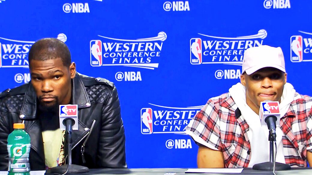 okcthunder's tweet photo. After the win. KD: "Everybody just stayed together. We kept our foot on the gas, kept cruising." #ThunderUp https://t.co/okg6TBYiHo