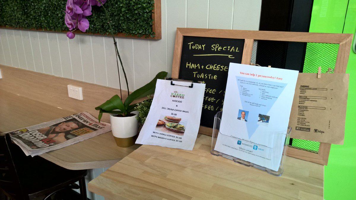 Try to stand out. I placed a flyer in #brisbanecbd at Campos naked #coffee. Searching for a marketing job. #4000