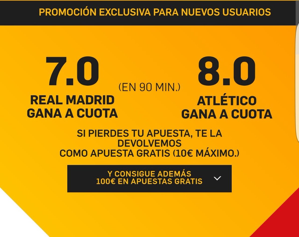AMGPicks's tweet image. Súper Cuota – Real Madrid @7 o Atletico @8 y encima te doy 10€ de mi bolsillo

Enlace: ads.betfair.com/redirect.aspx?…