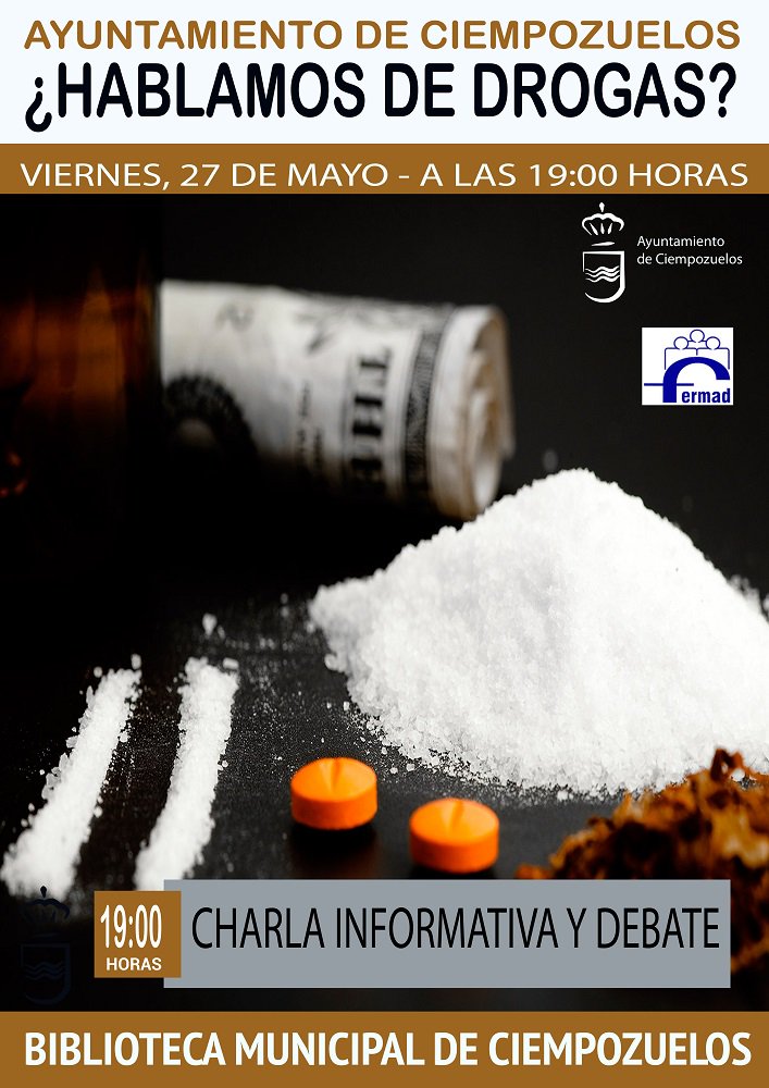 AytCiempozuelos's tweet photo. #Charla ¿Hablamos de drogas? Viernes 27 de mayo a las 19.00 horas en la Biblioteca Municipal #Ciempozuelos #Fermad https://t.co/2bruM3iO0f