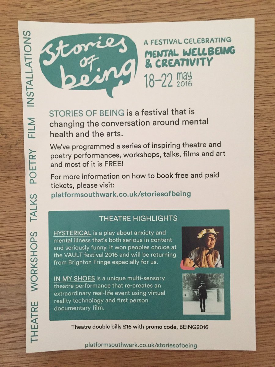 MindfulEm's tweet photo. Fantastic way to end #MHAW16 at @StoriesofBeing Festival. Look fwd to next event on #mentalhealth. @PlatformSthwrk https://t.co/MFw7n59gWZ
