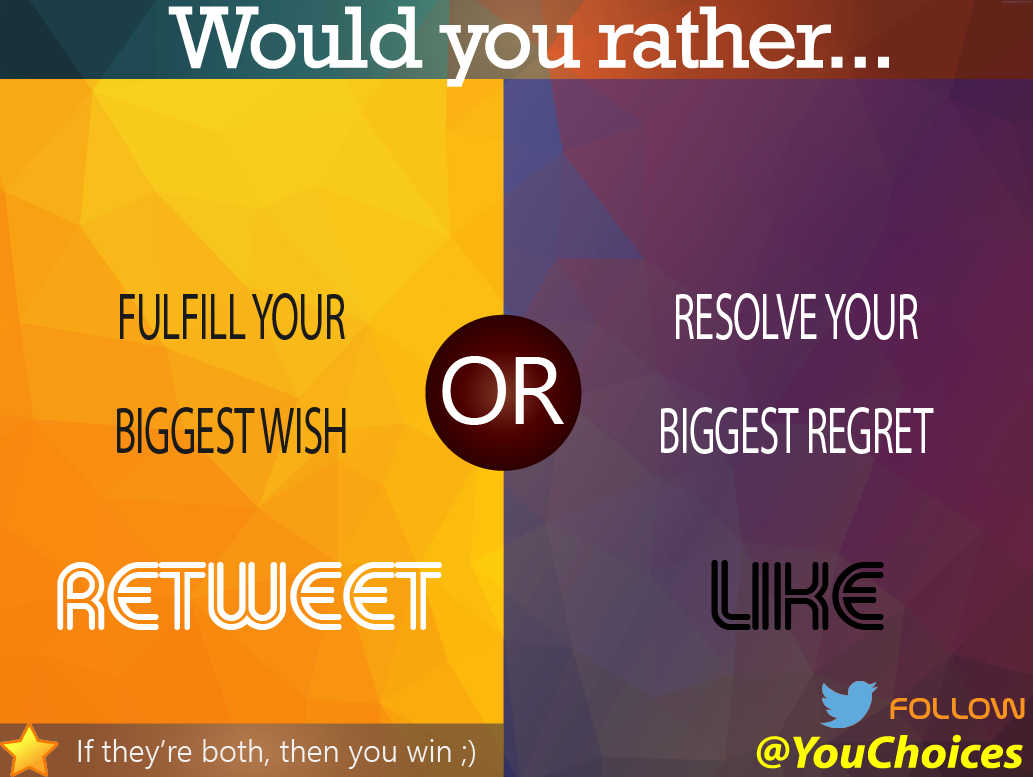 YouChoices's tweet photo. Wish or regret? https://t.co/ubXLw8KQR9