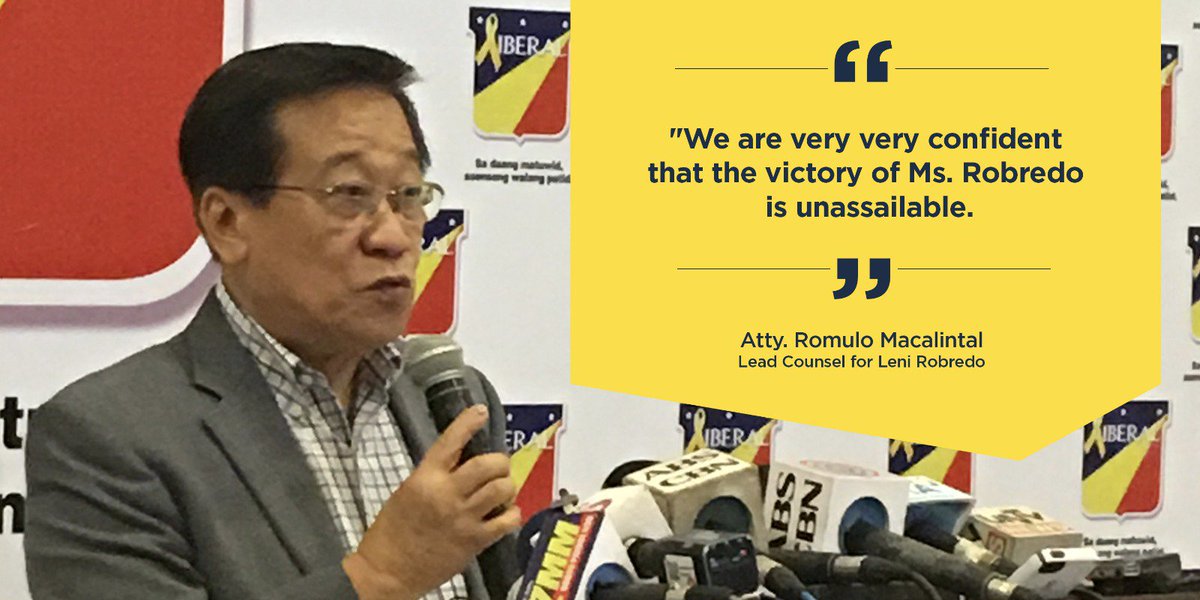 lenirobredo's tweet photo. [A] "We are very very confident that the victory of Ms. Robredo is unassailable." - Atty. Romulo Macalintal #VPLeni https://t.co/ffWXnQEqhO