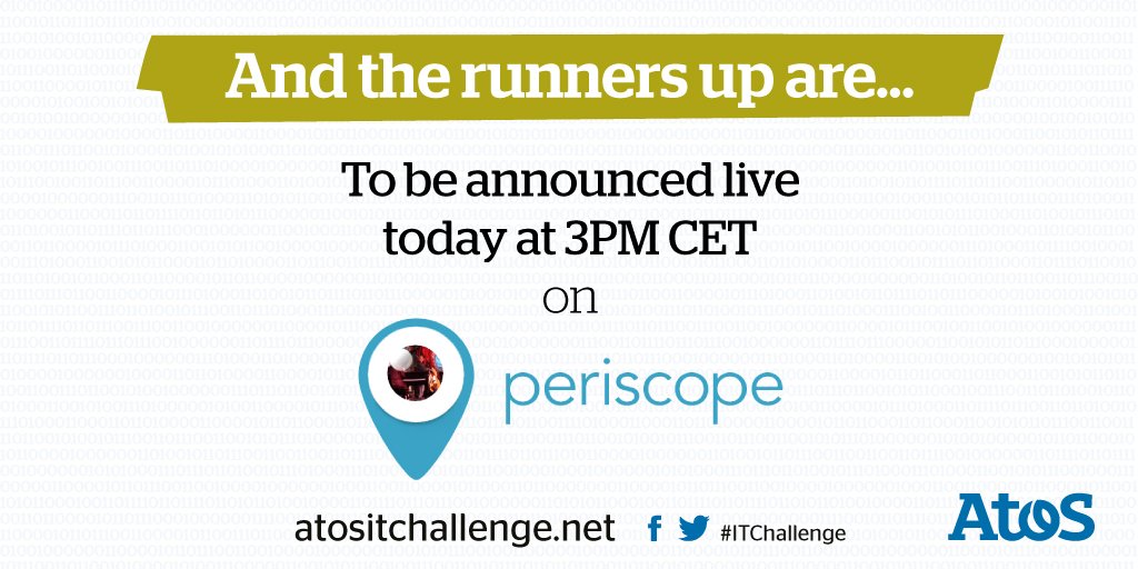 AtosITChallenge's tweet photo. Today 3PM CET watch live the announcement of the finalists on #Periscope Stay tuned #suspense #TheRightToBeForgotten https://t.co/S0dYKLjL9b