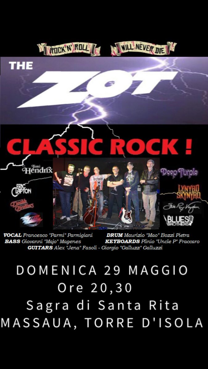torredisola's tweet photo. The ZOT, Classic rock! - #Sagra di S. Rita, 29 Maggio. @visit_pavia @vogheranews  @PaviaTourism @experienzapaves https://t.co/sompluagAo