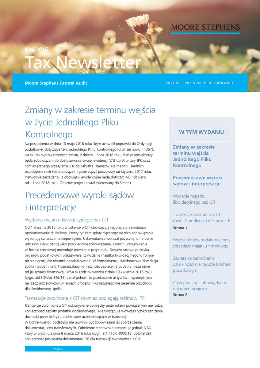 MooreStephensPL's tweet image. Tax Newsletter Maj 2016: zmiany dotyczące wejścia w życie Jednolitego Pliku Kontrolnego bit.ly/1sxuJqp
