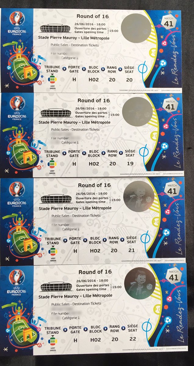 4 SALE DM FOR MORE INFO 
4 Tickets Cat.1-25June-Round of 16, Group C winner vs 3rd place group A/B/F In Lille,France