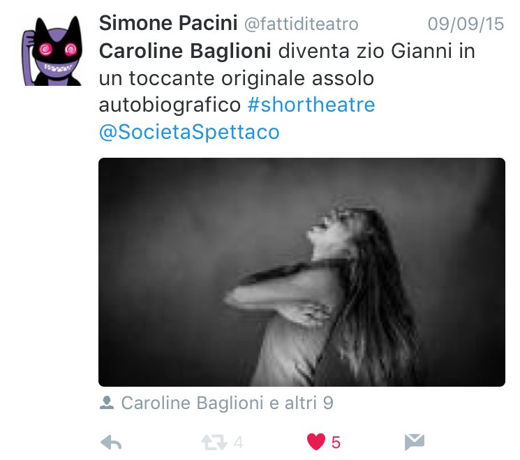Simone Pacini (@fattiditeatro) on Twitter photo Complimenti a <a href="/BaglioniCaro/">Caroline Baglioni</a> e <a href="/SocietaSpettaco/">Società Spettacolo</a> vincitori del #PremioInbox 2016. In premio 19 repliche, buona tournée Complimenti a <a href="/BaglioniCaro/">Caroline Baglioni</a> e <a href="/SocietaSpettaco/">Società Spettacolo</a> vincitori del #PremioInbox 2016. In premio 19 repliche, buona tournée