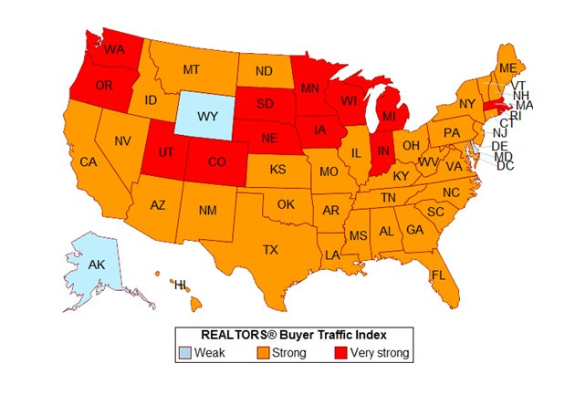 NAR_Research's tweet photo. Buyer traffic was "strong" in many states except in Alaska and Wyoming. https://t.co/sUBCpBmjen https://t.co/7var6tJPqy