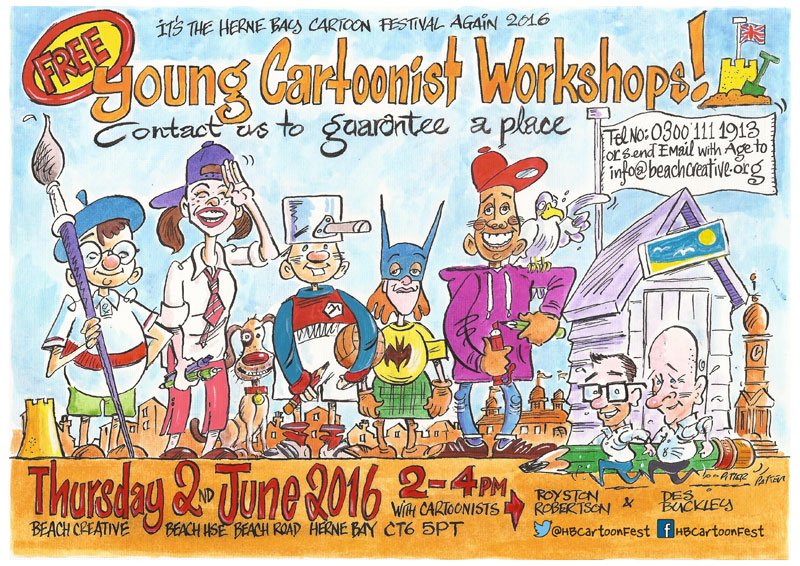 Watch out for half-term cartoon workshops on 2 June at <a href="/BeachCreative/">Beach Creative CIC</a> w/ Des Buckley &amp; <a href="/roystoncartoons/">Royston</a> Flyer by Des
