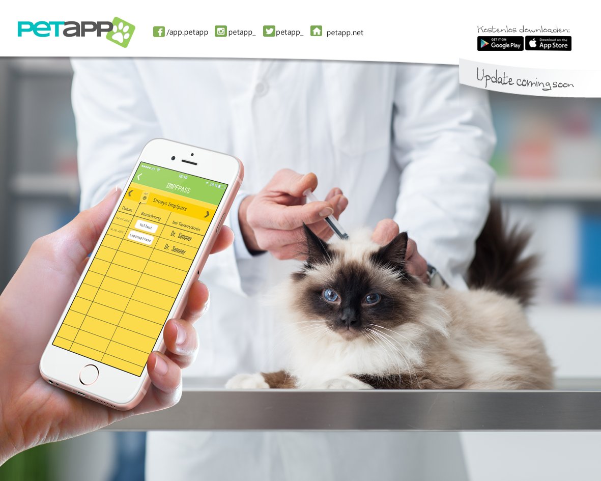 Update coming soon- Viele neue Features warten dann auf dich.
- Warte die Impfungen deiner Tiere! #petapp #haustiere