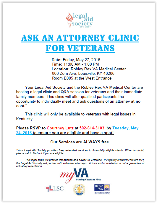 We will be at the Robley Rex VAMC this Friday. We serve #Veterans in #Kentucky with civil legal issues. Call today.