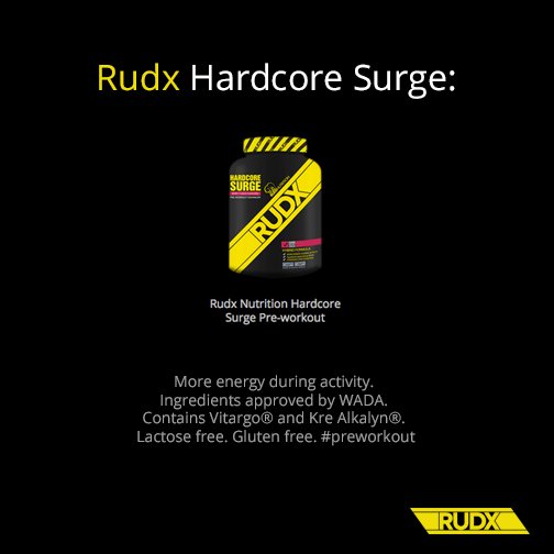 RUDX_Nutrition's tweet photo. Hardcore Surge:
More energy.
WADA approved. 
Vitargo® &amp; Kre Alkalyn®. 
Lactose &amp; Gluten free. #preworkout https://t.co/av3f6bOWl4