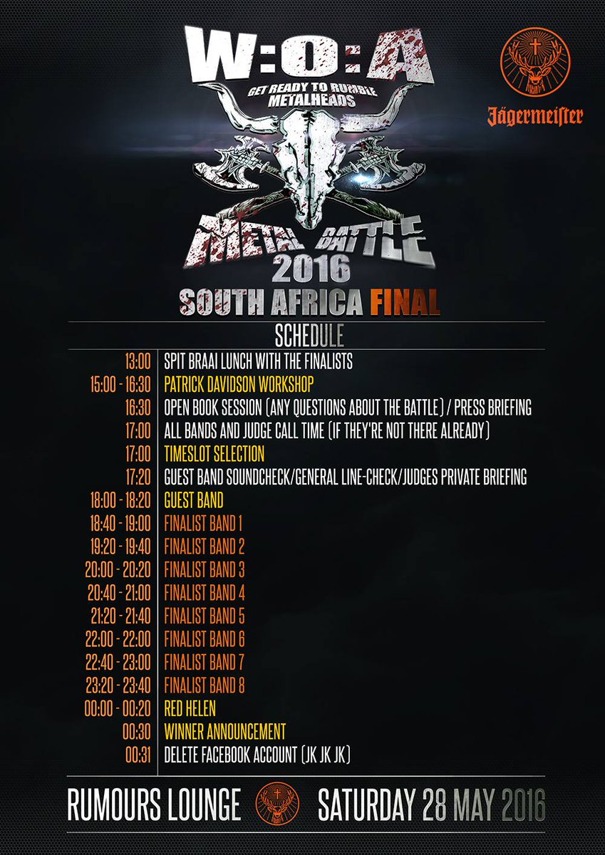 π»ππ§ππππ‘πππ πΏπ¦ (@devilspeakband) on Twitter photo Timetable for the <a href="/Wacken/">Wacken Open Air</a> #Metal #Battle #SouthAfrica final <a href="/RUMOURSLIFE/">Rumours Lounge</a> this Sat 28 May \m/
facebook.com/events/1025474β¦ Timetable for the <a href="/Wacken/">Wacken Open Air</a> #Metal #Battle #SouthAfrica final <a href="/RUMOURSLIFE/">Rumours Lounge</a> this Sat 28 May \m/
facebook.com/events/1025474β¦