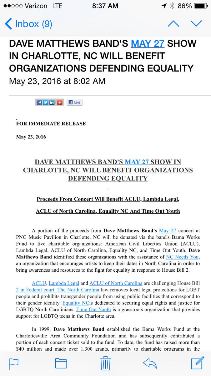 Kudos to the <a href="/davematthewsbnd/">Dave Matthews Band</a> for donating portions of this week's Charlotte show to LGBT charities. 👍