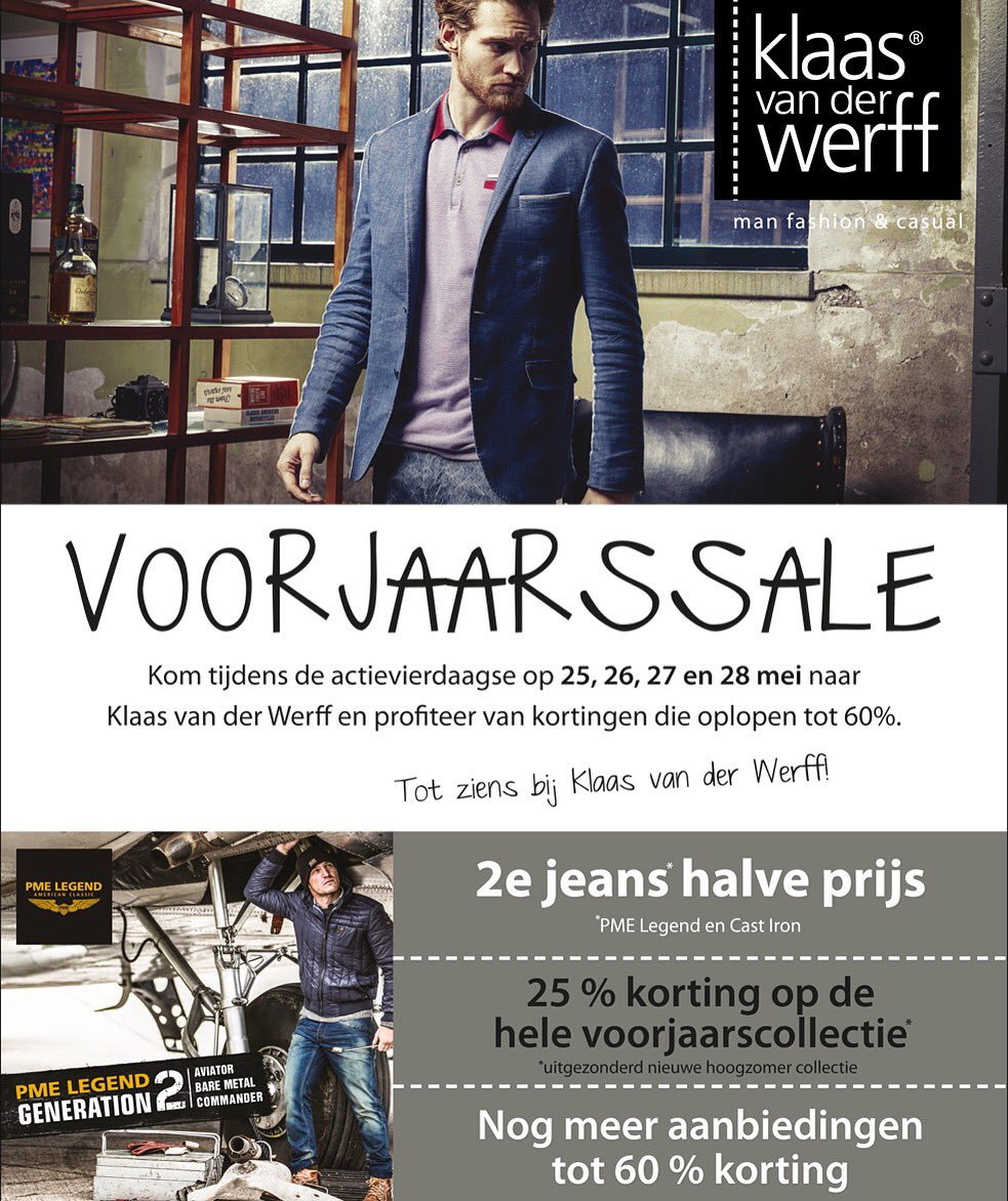 KlaasvdWerff's tweet photo. Sale bij #kvdwerff #manfashion #casual #mensstyle #pme #castiron #circleofgentlemen #superdry https://t.co/p7Mc8flth4
