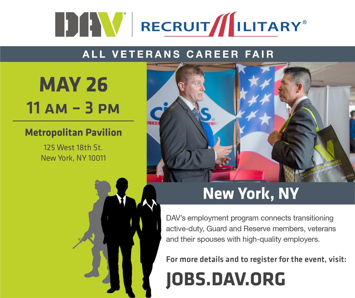 Join us &amp; <a href="/RecruitMilitary/">RecruitMilitary</a> on Thursday 5/26 in #NewYorkCity at the Metro Pavillion for #AllVeteransCareerFair!