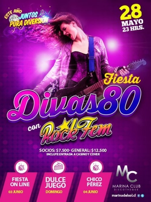 agendaconce's tweet photo. SORTEO! Fiesta Divas 80 con @RockFem80, en Marina Club Discotheque #Talcahuano https://t.co/wqrBmjZPEy⭐ https://t.co/CCSKBolRSe
