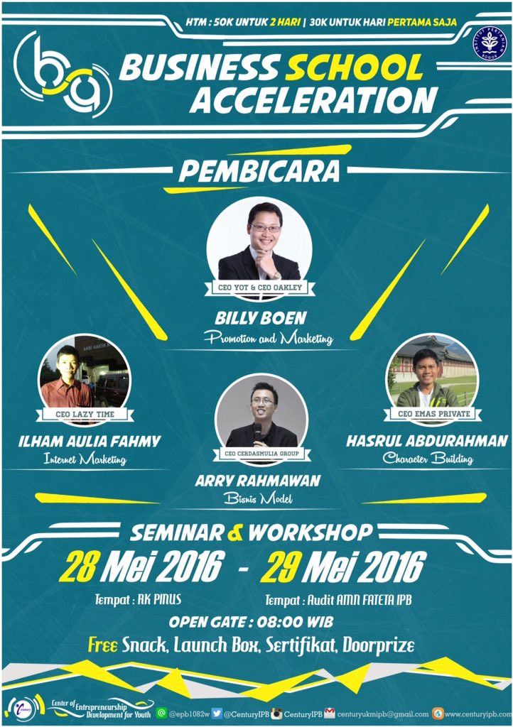 CenturyIPB's tweet photo. Kami dari UKM Century akan menyelenggarakan sebuah seminar dan workshop yaitu Bussines School Acceleration https://t.co/p4VTfhhxk9