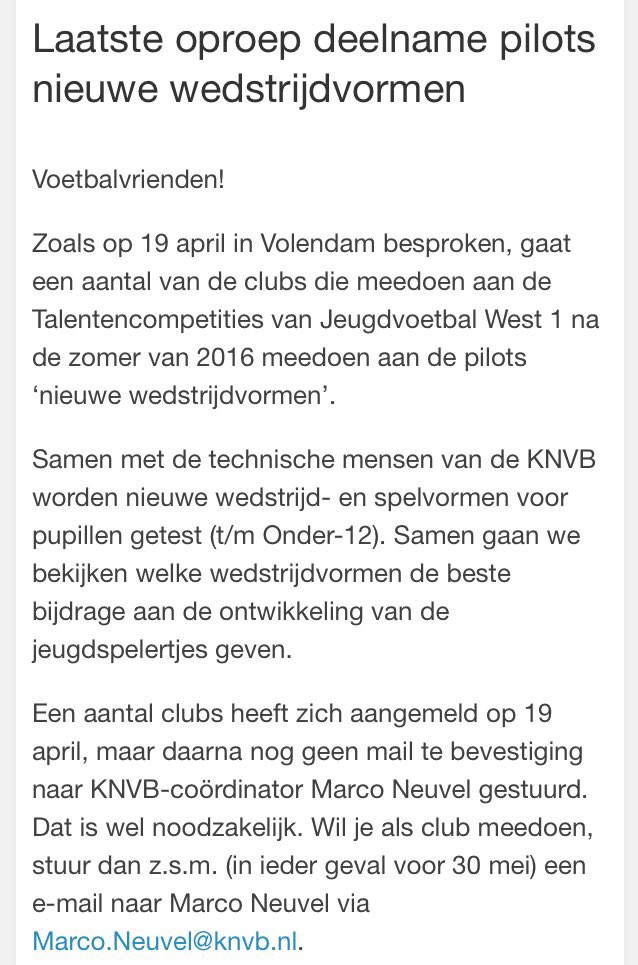 Aanmelden pilots nieuwe wedstrijdvormen <a href="/KNVBWest1/">KNVB West 1</a> #jeugd #wedstrijdvormen #pupillen