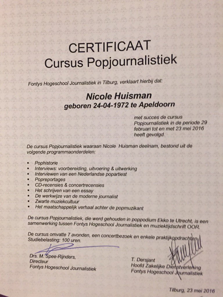 Yes, het is officieel. Ik ben <a href="/Popjournalist/">Popjournalistiek</a> Althans het certificaat is binnen. 😉 🎉 Gefeliciteerd iedereen!