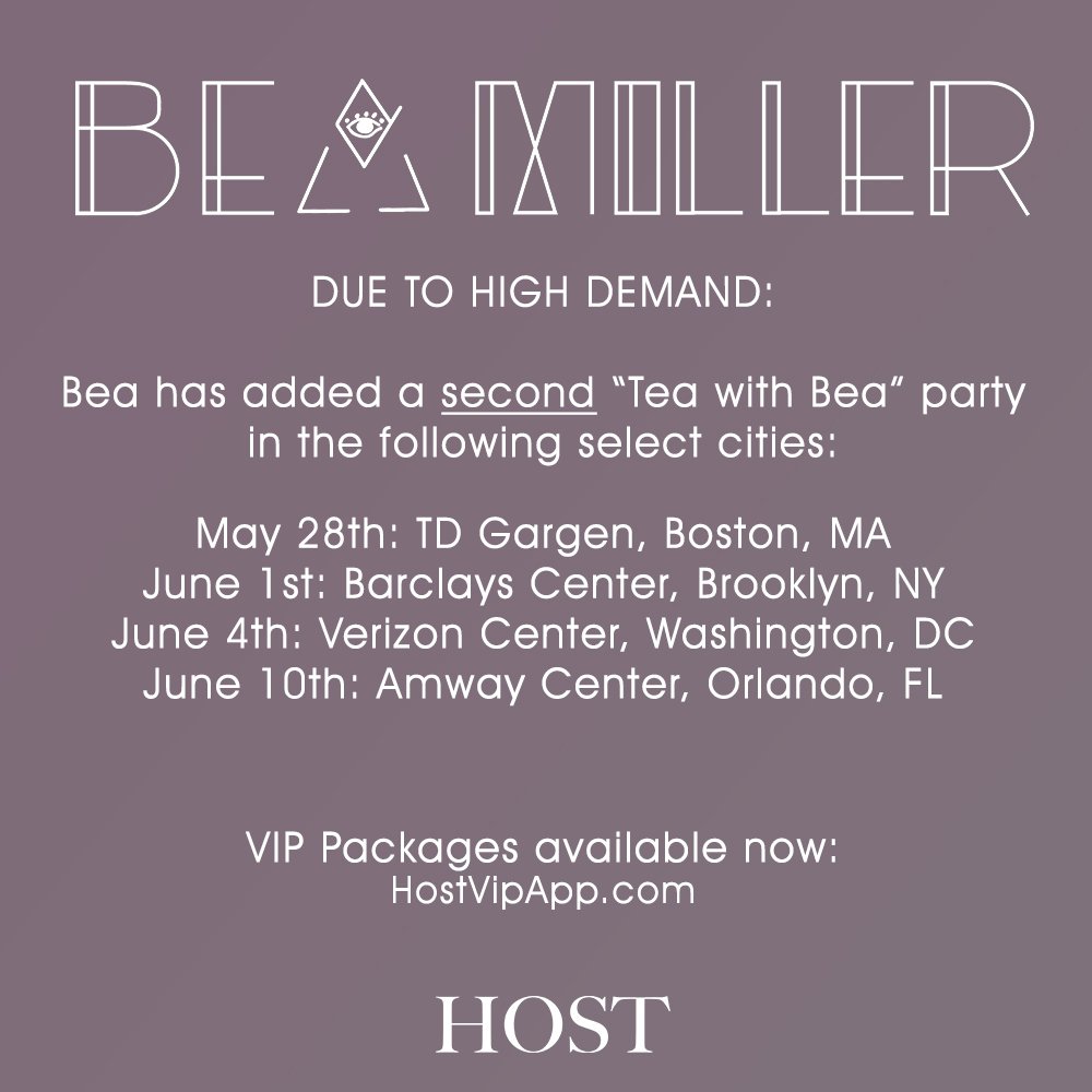 HostVIP's tweet photo. We added an additonal @beamiller #TeaWithBea party in select cities! Get them before they're sold out! https://t.co/aZNhS6NJoJ