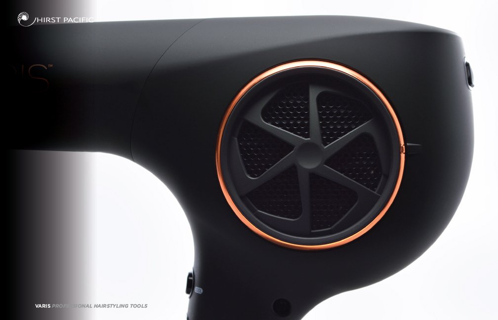 VARIS product customization for Kao USA's Salon Division - Electric copper ring &amp; dryer filter cover. #DielineAwards