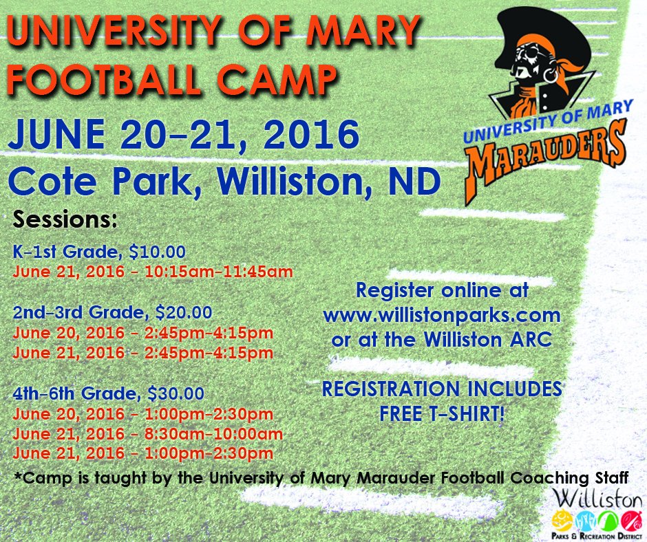 WillistonParks's tweet photo. @umarysports Football Camp is back! Head to https://t.co/1kNjpX60yg to register your child entering grades K-6! https://t.co/OONzfQqWtg