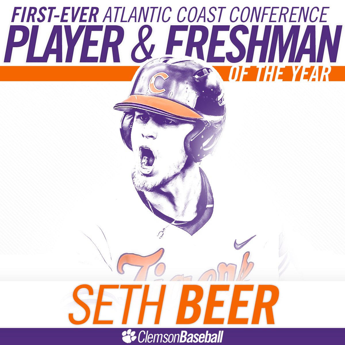 ClemsonBaseball's tweet photo. Seth Beer named ACC Player-of-the-Year, the first freshman to ever win the award! STORY - https://t.co/czeBSX9ckc https://t.co/Ne3qsgltSs