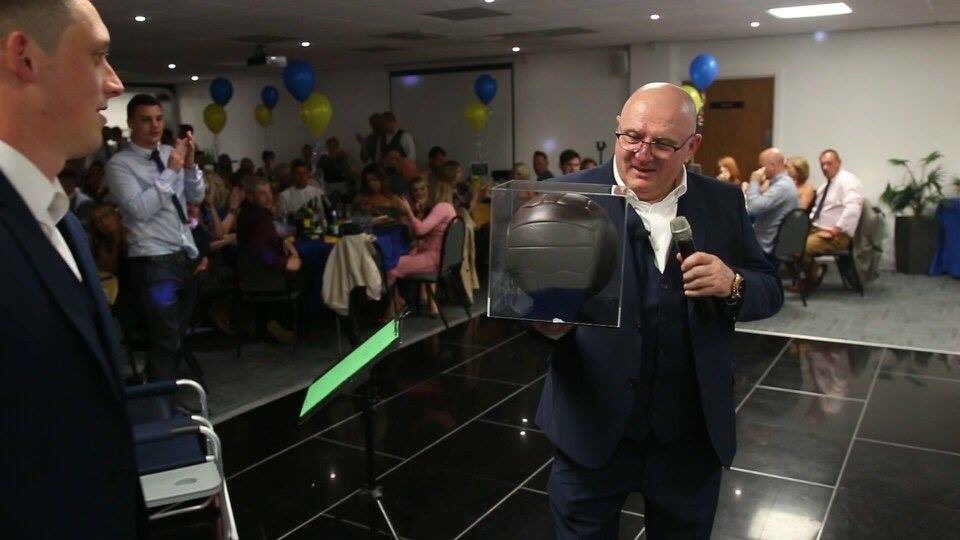 StockportCosmos's tweet photo. @Kane58 receiving his well earned trophy from the squad! #trophyball #fattony #secoftheyear #mrcosmos https://t.co/aCY6JqhIC5