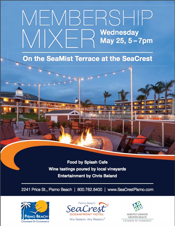 #MemberMixer @SeaCrest_Pismo 

Catering by @splashcafe 
Entertainment by @ChrisBeland1