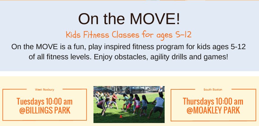 HealthyBoston's tweet photo. Join @ReImaginePlay for 2 FREE kids fitness classes/week all summer! @ Billings Park &amp; Moakley Park - Starts June 7 https://t.co/0UXQ4rg2to