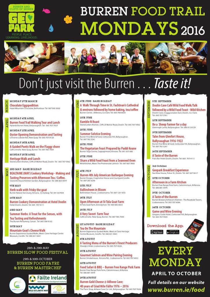 Check out the Food Trail Calendar for the <a href="/BurrenFoodTrail/">Burren Food Trail</a> every Monday all Summer long!