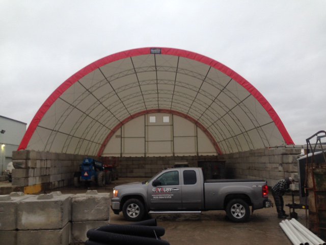 Cavalry Contracting Inc. recently installed a 62' x 84 @Britespan Atlas  fabric structure for salt and sand storage.
