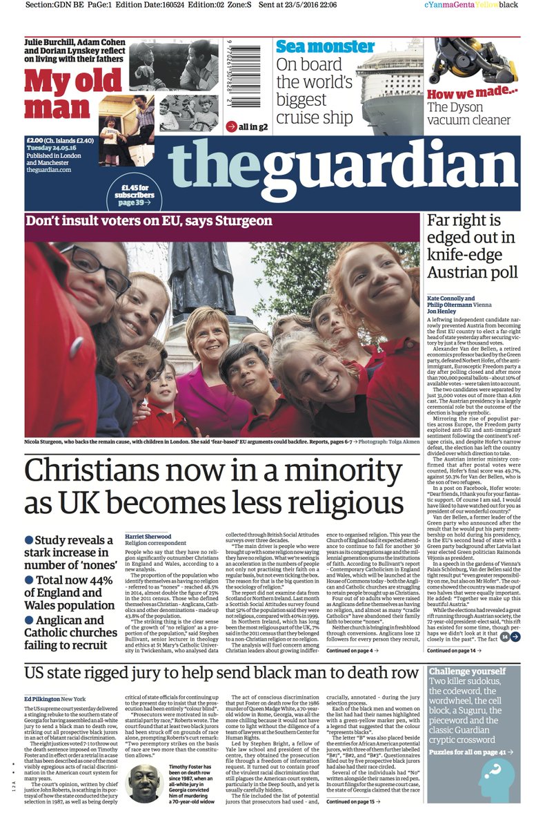 guardian's tweet photo. The Guardian front page, Tuesday 24.05.16: Christians now in a minority as UK becomes less religious https://t.co/ojD2IeT9wR